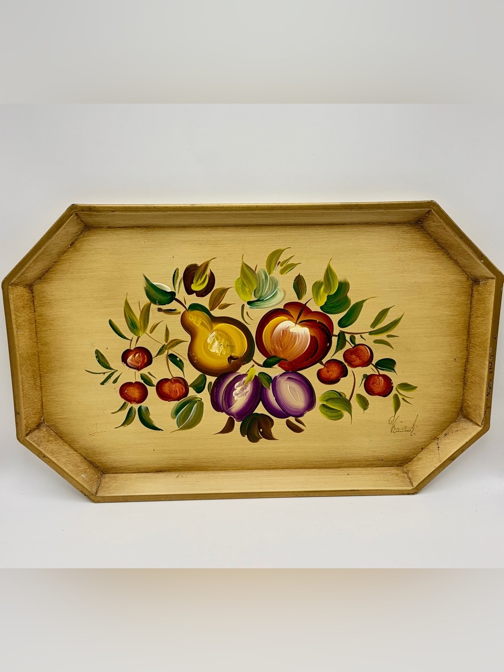 Vintage MCM Nashco Hand Painted Fruit Still Life Metal  Tole Serving Tray